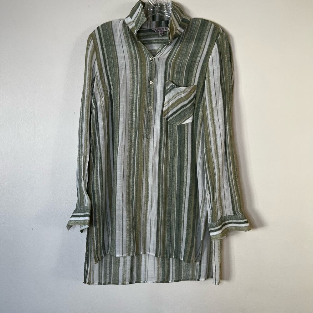 Nanette Lenore lightweight Sheer High Low Blouse Green Vertical Stripes